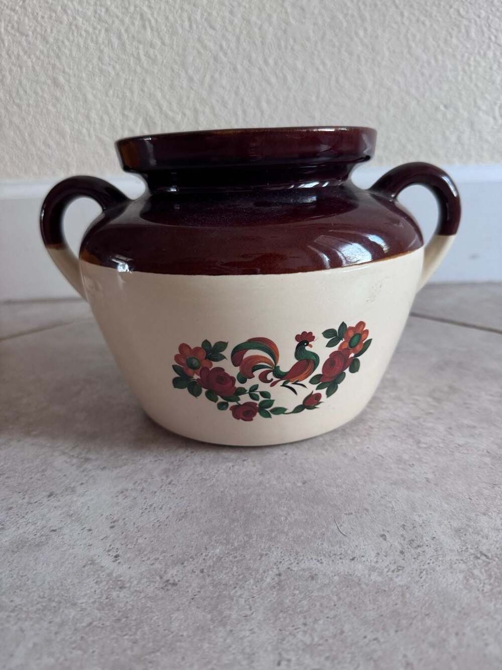 Vintage McCoy USA 342 Two-Tone Brown & Cream Bean Pot with Rooster and Floral Mo